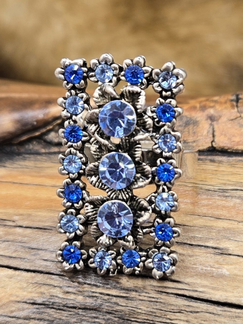Blue Floral Crystal Rectangle Ring Floral Adjustable Sz 6½" and Up